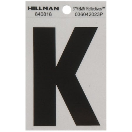 Hillman HILLMAN 3 in. Reflective Black Vinyl Self-Adhesive Letter K 1 pc, PK6 840818